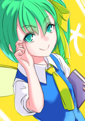 Rule 34 | 1girl, blue dress, book, closed mouth, daiyousei, dress, fairy wings, green eyes, green hair, hoshara, looking at viewer, necktie, puffy short sleeves, puffy sleeves, short sleeves, side ponytail, smile, solo, touhou, upper body, wings, yellow necktie