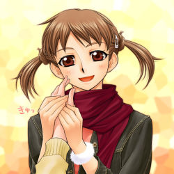 Rule 34 | 00s, 1girl, :d, blush, brown hair, fukuzawa yumi, hair ornament, hairclip, holding hands, looking at viewer, mami akira, maria-sama ga miteru, open mouth, pov, red eyes, red scarf, scarf, smile, solo focus, twintails, upper body