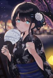 Rule 34 | 1girl, absurdres, animal print, black hair, blue eyes, blush, braid, earrings, fish print, flower, hair ornament, hairband, hairclip, hand fan, highres, holding, holding fan, japanese clothes, jewelry, kimono, long sleeves, looking at viewer, nail polish, original, rererere mon, sash, short hair, smile, solo, white flower, wide sleeves