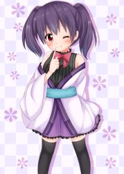 Rule 34 | 1girl, ;q, arm behind back, bare shoulders, black sweater, black thighhighs, blush, bow, bowtie, checkered background, closed mouth, commentary request, finger to mouth, floral background, frilled skirt, frills, head tilt, highres, japanese clothes, kimono, long hair, long sleeves, minato ojitan, obi, off shoulder, one eye closed, purple hair, purple skirt, red bow, red bowtie, red eyes, sash, short kimono, sidelocks, skirt, smile, solo, striped, sweater, sweater vest, thighhighs, tongue, tongue out, twintails, urara meirochou, vertical stripes, white kimono, wide sleeves, yukimi koume, zettai ryouiki