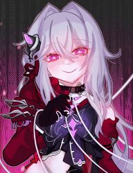 Rule 34 | 1girl, black choker, black gloves, blush, bright pupils, choker, cross, dark background, evil smile, gloves, glowing, glowing eyes, honkai (series), honkai impact 3rd, jacket, long hair, long sleeves, looking at viewer, naughty face, purple eyes, purple ribbon, red jacket, red ribbon, ribbon, ribbon hair ornament, saewon, simple background, smile, solo, solo focus, string, thelema (honkai impact), upper body, white hair, white pupils