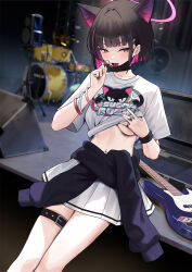 Rule 34 | 1girl, animal ears, areola slip, black choker, black hair, black jacket, black mask, blue archive, blush, breasts, cat ears, choker, cirilla lin, colored inner hair, drum, electric guitar, extra ears, fang, feet out of frame, fingernails, guitar, hair ornament, hairclip, halo, highres, instrument, jacket, kazusa (band) (blue archive), kazusa (blue archive), mask, medium breasts, mouth mask, multicolored hair, official alternate costume, open mouth, piercing, pink hair, pink halo, pleated skirt, red eyes, shirt, short hair, short sleeves, skin fang, skirt, solo, surgical mask, tongue, tongue piercing, white shirt, white skirt