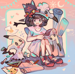 Rule 34 | :d, animal, animal on head, black hair, cat, cat on head, collarbone, commentary, creature, creatures (company), english commentary, eye contact, fabric, flat chest, frown, game freak, gen 1 pokemon, gen 7 pokemon, happy, hat, litten, looking at another, mimikyu, momoppi, nintendo, on head, open mouth, paper, pikachu, pokemon, pokemon (creature), pokemon on head, pokemon sm, scissors, selene (pokemon), shirt, shoelaces, shoes, short hair, sitting, smile, yellow eyes