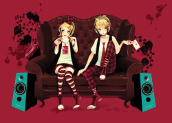 Rule 34 | 1boy, 1girl, aqua eyes, bad id, bad pixiv id, blonde hair, brother and sister, couch, hair ornament, hair ribbon, hairclip, headphones, kagamine len, kagamine rin, letter, love letter, mokaffe, nail polish, red nails, ribbon, shoes, short hair, siblings, sitting, skirt, speaker, striped clothes, striped thighhighs, thighhighs, twins, vocaloid, zettai ryouiki