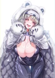 Rule 34 | 1girl, :d, absurdres, animal costume, animal hood, bear costume, bear hood, black bodysuit, black gloves, blush, bodysuit, breasts, chigiri o, claw pose, cleavage, fur-trimmed hood, fur-trimmed sleeves, fur trim, gloves, gluteal fold, goddess of victory: nikke, grey hair, headphones, headphones around neck, highres, hood, hood up, huge breasts, jacket, leaning forward, looking at viewer, mask, mask on head, mole, mole on breast, neve (nikke), no bra, open bodysuit, open clothes, open mouth, skindentation, sleep mask, smile, solo, sweat, thigh gap, white background, white jacket, yellow eyes