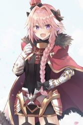 Rule 34 | 1boy, :d, armor, astolfo (fate), belt, black bow, black ribbon, black shirt, black thighhighs, blue sky, blush, bow, braid, buckle, cherry blossoms, cloak, cloud, commentary, cowboy shot, crown, fang, fate/apocrypha, fate (series), faulds, fur-trimmed cloak, fur collar, fur trim, garter straps, gauntlets, gold trim, hair between eyes, hair bow, hair intakes, hair over shoulder, hair ribbon, hand on own hip, hand up, highres, kusumoto touka, long hair, looking at viewer, male focus, mini crown, multicolored hair, open mouth, petals, pink hair, purple eyes, red belt, red cloak, ribbon, shirt, single braid, sky, smile, solo, sparkle, standing, streaked hair, thighhighs, trap, white hair, wind