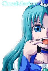 Rule 34 | 10s, 1girl, backlighting, bloom, blue eyes, blue hair, blue theme, brooch, character name, cure marine, hair ornament, hairpin, heart, heart brooch, heartcatch precure!, highres, jewelry, kurumi erika, long hair, magical girl, matching hair/eyes, mouth pull, nishi koutarou, out of frame, portrait, precure, simple background, solo, white background