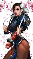 Rule 34 | 1girl, absurdres, blue dress, bracelet, brown eyes, brown hair, brown pantyhose, bun cover, capcom, cherry blossoms, china dress, chinese clothes, chun-li, clenched hands, commentary, double bun, dress, earrings, english commentary, fighting stance, hair bun, highres, jewelry, looking at viewer, muscular, muscular female, pantyhose, pelvic curtain, petri rahkola, puffy short sleeves, puffy sleeves, red lips, sash, short sleeves, side slit, spiked bracelet, spikes, street fighter, tassel, thick thighs, thighs