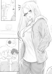 Rule 34 | +++, 1girl, 4boys, absurdres, ball, bangs pinned back, basketball (object), blush, breasts, child, commentary, dot nose, english commentary, glasses, greyscale, hands in pockets, happy, highres, hood, hood down, inne sulistya robin, lanyard, large breasts, long hair, mask, monochrome, mouth mask, multiple boys, norman maggot, nose blush, original, pants, shirt, short sleeves, soccer ball, speech bubble, spoken object, spoken symbol, standing, surgical mask, sweatdrop, t-shirt, teacher, thought bubble, track suit, walking, whistle