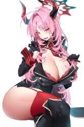 1girl absurdres armband black_gloves blue_archive blush bodiedwile bra breasts cleavage commentary_request crossed_legs demon_horns gloves half_gloves halo hands_up highres horns korean_commentary large_breasts long_hair looking_at_viewer mole mole_on_breast necktie pink_hair red_armband red_bra red_garter_straps red_necktie satsuki_(blue_archive) simple_background smile solo thick_thighs thighhighs thighs underwear white_background