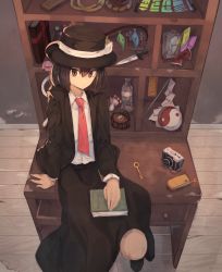 Rule 34 | 1girl, arm support, bad id, bad pixiv id, black eyes, black hair, black skirt, book, bottle, branch, camera, cellphone, closed mouth, commentary request, crystal, desk, fedora, gohei, grimoire of alice, hair between eyes, hat, hat ribbon, highres, jacket, jeweled branch of hourai, key, knife, long sleeves, looking at viewer, mini-hakkero, mushroom, necktie, ofuda, on desk, oonusa, orb, phone, red necktie, ribbon, ritual baton, shirt, sitting, on desk, skirt, solo, sorcerer&#039;s sutra scroll, suit jacket, suminagashi, test tube, touhou, usami renko, white shirt, yin yang, yin yang orb