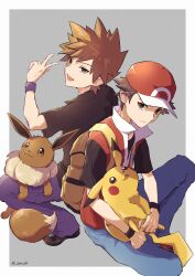 Rule 34 | 2boys, :d, anidf, blue oak, brown eyes, brown footwear, brown hair, brown shirt, closed mouth, commentary, creatures (company), eevee, game freak, gen 1 pokemon, hat, highres, jacket, male focus, multiple boys, nintendo, on lap, open mouth, pants, pikachu, pokemon, pokemon (creature), pokemon frlg, pokemon on lap, purple pants, purple wristband, red (pokemon), red headwear, shirt, shoes, short hair, short sleeves, smile, spiked hair, t-shirt, vs seeker, wristband
