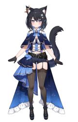 Rule 34 | 1girl, absurdres, animal ear fluff, animal ears, banned artist, black footwear, black hair, black thighhighs, blue cape, blue capelet, blue hair, blue shorts, blush, breasts, cape, capelet, cat ears, cat girl, cat tail, colored inner hair, highres, hoshina suzu, medium breasts, multicolored hair, muryotaro, navel, official art, purple eyes, second-party source, short hair, shorts, skindentation, smile, solo, tail, thighhighs, virtual youtuber, wactor production, white background