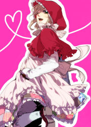 Rule 34 | 1girl, alternate costume, apron, axis powers hetalia, bad id, bad pixiv id, belgium (hetalia), blonde hair, capelet, cosplay, costume, dress, frilled dress, frills, green eyes, grimm&#039;s fairy tales, hand on own hip, happy, heart, heart of string, hood, karacoroxx, little red riding hood, little red riding hood (grimm), little red riding hood (grimm) (cosplay), long sleeves, looking at viewer, looking back, one eye closed, open mouth, outline, pink background, ribbon, short hair, simple background, solo, standing, standing on one leg, white legwear, wink