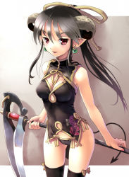 Rule 34 | 1girl, black hair, black thighhighs, breasts, china dress, chinese clothes, cleavage, cowboy shot, demon girl, demon tail, dress, earrings, horns, jewelry, katahira masashi, medium breasts, original, pointy ears, ponytail, red eyes, scythe, solo, tail, thighhighs, weapon