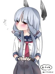 Rule 34 | 10s, 1girl, bad id, bad twitter id, black pantyhose, blush, dress, fingerless gloves, fingernails, gloves, headgear, inactive account, kantai collection, long hair, looking at viewer, mitsudoue, murakumo (kancolle), necktie, pantyhose, pout, red eyes, sailor dress, sidelocks, silver hair, simple background, solo, twitter username, white background