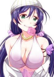 Rule 34 | 10s, 1girl, akihila, breasts, condom, condom in mouth, green eyes, head scarf, jewelry, large breasts, long hair, love live!, love live! school idol project, mouth hold, natsuiro egao de 1 2 jump!, naughty face, necklace, off shoulder, purple hair, smile, solo, swimsuit, tojo nozomi, twintails
