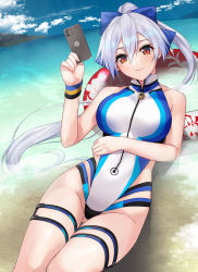 Rule 34 | 1girl, beach, blue bow, blue one-piece swimsuit, blue sky, blush, bow, breasts, cellphone, closed mouth, competition swimsuit, day, fate/grand order, fate (series), hair between eyes, hair bow, highleg, highleg swimsuit, highres, innertube, large breasts, long hair, looking at viewer, lying, md5 mismatch, mexif, ocean, on back, one-piece swimsuit, phone, ponytail, red eyes, resolution mismatch, shore, silver hair, sky, smile, source smaller, swim ring, swimsuit, thigh strap, thighs, tomoe gozen (fate), tomoe gozen (swimsuit saber) (fate), tomoe gozen (swimsuit saber) (first ascension) (fate), two-tone swimsuit, white one-piece swimsuit, wristband
