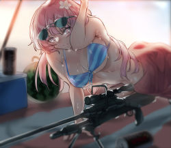 Rule 34 | 1girl, anti-materiel rifle, arm support, bababababan, bad id, bad pixiv id, beach towel, bikini, bipod, blush, breasts, can, cleavage, eyewear on head, food, fruit, girls&#039; frontline, gun, highres, long hair, medium breasts, navel, ntw-20 (girls&#039; frontline), ntw-20 (op. blazing sun) (girls&#039; frontline), official alternate costume, pink eyes, pink hair, rifle, sarong, scope, sniper rifle, solo, striped bikini, striped clothes, swimsuit, towel, watermelon, weapon, wet
