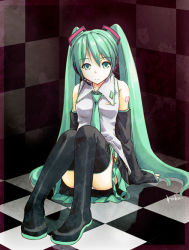 Rule 34 | 1girl, akiyama nenehisa, arm support, bare shoulders, checkered background, checkered floor, detached sleeves, green eyes, green hair, hatsune miku, headset, long hair, looking at viewer, matching hair/eyes, necktie, panties, pantyshot, sitting, skirt, solo, thighhighs, twintails, underwear, upskirt, very long hair, vocaloid