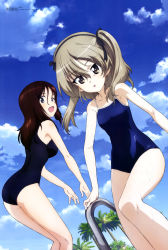 Rule 34 | 2girls, :d, :o, absurdres, ass, bare shoulders, black ribbon, blue one-piece swimsuit, breasts, brown eyes, cloud, competition school swimsuit, eyes visible through hair, flat chest, girls und panzer, grey hair, hair between eyes, hair ribbon, hairband, highres, looking at viewer, magazine scan, medium breasts, megami magazine, megumi (girls und panzer), multiple girls, official art, one-piece swimsuit, one side up, open mouth, palm tree, poolside, ribbon, scan, school swimsuit, shimada arisu, sky, smile, swimsuit, tree, wang guo nian, wet