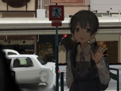 Rule 34 | 1girl, 1other, :d, absurdres, arm behind back, bag, black hair, blue eyes, blurry, blurry foreground, building, car, city, dark, day, dress, highres, kitashirakawa tamako, looking at another, low twintails, mole, mole on neck, motor vehicle, open mouth, pinafore dress, road, road sign, school bag, school uniform, sign, sleeveless, sleeveless dress, smile, street, suiso (owp), tamako market, translated, twintails, waving