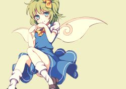 Rule 34 | 1girl, blue dress, blue eyes, blush, bobby socks, bow, breasts, brown footwear, collared shirt, daiyousei, dise (psychoro), dress, fairy, fairy wings, green background, green hair, hair ribbon, mary janes, neck ribbon, own hands together, pinafore dress, ponytail, puffy short sleeves, puffy sleeves, ribbon, shirt, shoes, short hair, short sleeves, simple background, sleeveless dress, small breasts, smile, socks, solo, touhou, white shirt, white socks, wings, yellow ribbon