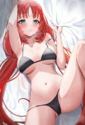 Rule 34 | 1girl, absurdres, bare shoulders, bed sheet, bikini, black bikini, blush, breasts, cleavage, collarbone, dokimaru, genshin impact, green eyes, highres, large breasts, long hair, looking at viewer, low twintails, lying, navel, nilou (genshin impact), on back, red hair, sidelocks, solo, spread legs, swimsuit, thighs, twintails