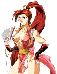 Rule 34 | 1990s (style), 1girl, breasts, center opening, covered erect nipples, cowboy shot, fatal fury, folding fan, hand fan, hand on own hip, high ponytail, holding, holding fan, japanese clothes, large breasts, long hair, ninja, non-web source, official art, oobari masami, open mouth, panties, pelvic curtain, red eyes, red hair, retro artstyle, shiranui mai, simple background, solo, underwear, very long hair, white background, white panties