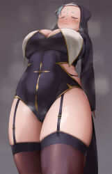 Rule 34 | 1girl, arms behind back, black dress, blue hair, breasts, character request, cleavage, closed eyes, closed mouth, copyright request, covered navel, dress, garter belt, highres, kurage444, large breasts, nun, simple background, solo, steaming body, thighhighs, timestamp