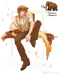 Rule 34 | 1boy, absurdres, black footwear, black hat, black vest, brown coat, brown eyes, brown hair, brown pants, chain, chain necklace, chinese commentary, coat, coat partially removed, collared shirt, earrings, english text, fangs, full body, fur-trimmed coat, fur trim, gold necklace, hat, highres, invisible chair, jewelry, looking at viewer, male focus, mammoth, necklace, original, pants, personification, reference inset, ring, shirt, shoes, short hair, sitting, sleeves past wrists, solo, star (symbol), tongue, tongue out, two-tone hat, two-tone vest, vest, weibo logo, white background, white hat, white vest, zhu yiguo tian