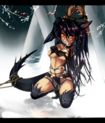 Rule 34 | 1girl, animal ears, arms up, bdsm, black hair, bondage, bound, bound arms, breasts, capcom, chain, clenched teeth, collar, crotch rope, dark skin, dark-skinned female, kneeling, letterboxed, long hair, monster hunter (series), monster hunter portable 3rd, nargacuga, navel, personification, rathke, red eyes, rope, saliva, solo, tail, teeth, torn clothes, underboob