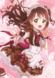 Rule 34 | 1girl, apron, blush, bow, bowtie, brown dress, brown eyes, brown footwear, brown hair, double v, dress, floating hair, flower, holding, holding microphone, idolmaster, idolmaster cinderella girls, idolmaster cinderella girls starlight stage, long hair, looking at viewer, maid, maid headdress, microphone, nanonin, one side up, open mouth, shimamura uzuki, short sleeves, smile, solo, thighhighs, v, white apron, white thighhighs, wrist cuffs