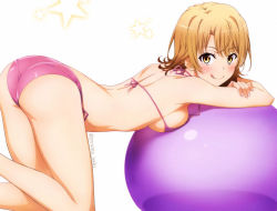 Rule 34 | 1girl, :q, ass, ball, bikini, blush, breasts, brown eyes, brown hair, closed mouth, exercise ball, from behind, halterneck, isshi pyuma, isshiki iroha, looking at viewer, looking back, medium breasts, pink bikini, shiny skin, short hair, side-tie bikini bottom, sideboob, simple background, smile, solo, swimsuit, tongue, tongue out, white background, yahari ore no seishun lovecome wa machigatteiru.