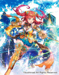 Rule 34 | 1girl, armor, armored boots, boots, bow, bowtie, cardfight!! vanguard, company name, flashing glint knight, gloves, green eyes, long hair, navel, official art, open mouth, red hair, shutsuri, sky, solo, sparkle, sword, teeth, two side up, weapon