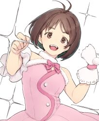 Rule 34 | 1girl, antenna hair, asymmetrical sleeves, bow, bowtie, breasts, brown eyes, brown hair, clenched hands, cute &amp; girly (idolmaster), dress, fur-trimmed dress, fur trim, gloves, hands up, hidaka ai, idolmaster, idolmaster dearly stars, konekone, open mouth, pink bow, pink bowtie, pink dress, pom pom (clothes), short hair, simple background, single bare shoulder, single glove, single sleeve, small breasts, smile, solo, sparkle, teeth, uneven sleeves, upper body, upper teeth only, white background, white gloves