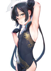 Rule 34 | 1girl, armpits, ataruman, black dress, black gloves, black hair, blue archive, blush, braid, braided bun, breasts, china dress, chinese clothes, covered navel, double bun, dragon print, dress, gloves, grey halo, hair bun, halo, highres, kisaki (blue archive), looking at viewer, pelvic curtain, presenting armpit, print dress, sleeveless, sleeveless dress, small breasts, solo, twintails, white background
