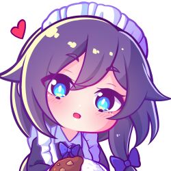 1girl aya_chan1221 blue_bow blue_bowtie blue_eyes bow bowtie chibi chibi_only curry curry_rice food fu_hua grey_hair heart honkai_(series) honkai_impact_3rd long_hair looking_at_viewer maid_headdress open_mouth rice solo white_background