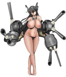 Rule 34 | 10s, 1girl, antennae, barefoot, black gloves, black hair, black panties, breasts, cameltoe, cannon, collar, curvy, elbow gloves, female focus, fingerless gloves, full body, gloves, hair ornament, highres, hitoya hayai, huge breasts, kantai collection, long hair, nagato (kancolle), navel, nipples, panties, red eyes, simple background, solo, standing, toes, topless, underwear, veins, veiny breasts, weapon, white background