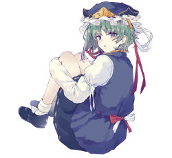 Rule 34 | 1girl, black footwear, from behind, full body, green hair, hat, highres, knees up, light blush, long sleeves, looking at viewer, looking back, negative space, open mouth, puffy sleeves, red ribbon, ribbon, shiki eiki, shoes, simple background, sitting, skirt, socks, solo, touhou, uranaishi (miraura), vest, white background, white ribbon