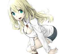 Rule 34 | 10s, 1girl, alternate costume, atago (kancolle), baffu, blonde hair, cleavage cutout, clothing cutout, fur trim, green eyes, jewelry, kantai collection, locket, long hair, long sleeves, meme attire, open-chest sweater, open mouth, pendant, shorts, solo, sweater, turtleneck, white background