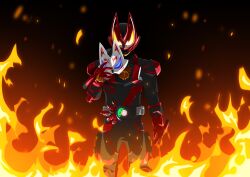 Rule 34 | 1boy, absurdres, armor, black armor, black bodysuit, bodysuit, boost mark ii buckle, commentary request, cowboy shot, desire driver, fire, flame print, fox, fox boy, fox mask, gloves, glowing, glowing eyes, green fire, highres, hitodama, holding, holding mask, kamen rider, kamen rider geats, kamen rider geats (series), kamen rider geats boost mark ii, kitsune, male focus, mask, mouth guard, orange eyes, otokamu, power armor, raise buckle, red gloves, shoulder armor, solo, tail, thighs