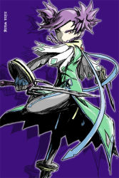Rule 34 | 00s, 1girl, :&lt;, braid, closed mouth, coat, expressionless, fighting stance, half-closed eyes, holding, holding sword, holding weapon, leg up, looking at viewer, my-otome, nina wang, open clothes, open coat, orange eyes, purple background, shade, short sleeves, simple background, solo, standing, standing on one leg, sword, twin braids, weapon, zoom layer