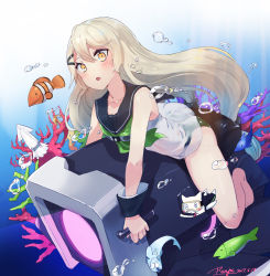 Rule 34 | 1girl, :o, alternate costume, artist name, barefoot, black one-piece swimsuit, blonde hair, blush, clownfish, coral, dated, fish, girls&#039; frontline, green neckerchief, hair between eyes, hair ornament, hairclip, highres, long hair, mg4 (girls&#039; frontline), neckerchief, one-piece swimsuit, open mouth, ranyu kuro, sailor collar, sailor one-piece swimsuit, signature, sitting, solo, squid, straddling, swimsuit, underwater, yellow eyes