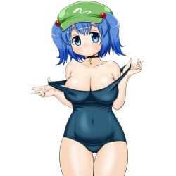 Rule 34 | 1girl, blue eyes, breasts, choker, collarbone, cropped legs, green hat, hat, kawashiro nitori, key, large breasts, looking at viewer, pink hair, smile, solo, standing, swimsuit, touhou, transparent background