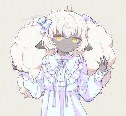 Rule 34 | 1girl, ahoge, alternate hairstyle, animal ears, bow, buttons, closed mouth, colored skin, commentary request, dot mouth, dress, expressionless, fluffy, frilled shirt collar, frilled sleeves, frills, grey background, grey skin, hair bow, hands in hair, hands up, holographic clothing, horizontal pupils, long hair, long sleeves, neck ribbon, original, puffy long sleeves, puffy sleeves, purple bow, purple dress, purple ribbon, ribbon, sheep ears, sheep girl, simple background, solo, terayamaden, twintails, twitter username, upper body, w arms, white hair, yellow eyes