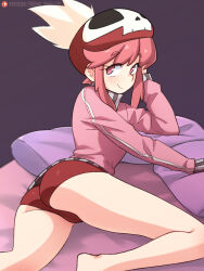 Rule 34 | 1girl, artist name, ass, bare legs, barefoot, beret, breasts, buruma, cameltoe, closed mouth, commentary, elbow rest, eyelashes, feathers, from side, gym uniform, hair up, hat, hat feather, head rest, highres, jacket, jakuzure nonon, kill la kill, light blush, long sleeves, looking at viewer, looking to the side, lying, on bed, on side, paid reward available, patreon logo, patreon username, pillow, pink eyes, pink hair, pink jacket, raised eyebrows, red buruma, red hat, romaji commentary, short eyebrows, sidelocks, single vertical stripe, skull print, small breasts, smile, solo, thick eyebrows, tobias wheller, track jacket, white feathers