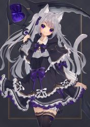 Rule 34 | 1girl, absurdres, animal ear fluff, animal ears, black background, black capelet, black dress, black thighhighs, bow, capelet, cat ears, cat girl, cat tail, closed mouth, dress, frilled capelet, frilled dress, frills, grey hair, hair bow, head tilt, highres, hinata (user rjkt4745), holding, holding scythe, hood, hood down, hooded capelet, lace, lace-trimmed legwear, lace trim, long hair, looking at viewer, orb, original, purple bow, purple eyes, scythe, smile, solo, striped, striped bow, tail, thighhighs, two side up, very long hair, wide sleeves