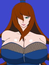 Rule 34 | 1girl, blue background, breasts, brown hair, cleavage, eyebrows, eyelashes, female focus, green eyes, hair over one eye, hair tie, highres, huge breasts, lipstick, long hair, looking at viewer, makeup, naruto, naruto (series), naruto shippuuden, navel, neck, smile, solo, terumi mei, upper body