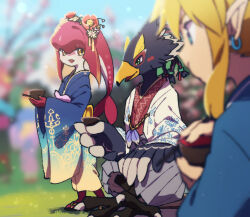 Rule 34 | 1girl, 2boys, :d, beak, bird boy, bird legs, bird wings, blonde hair, blue eyes, colored skin, earrings, feathered wings, fins, fish girl, flower, furry, furry male, gradient kimono, grass, green eyes, grey hakama, hakama, hakama skirt, indian style, japanese clothes, jewelry, link, long sleeves, mipha, multicolored skin, multiple boys, nintendo, no nose, open mouth, pink skin, pointy ears, red flower, red skin, revali, rito, sandals, sitting, skirt, smile, standing, talons, the legend of zelda, the legend of zelda: breath of the wild, ukata, white flower, white skin, wide sleeves, wings, yellow eyes, zora, zouri